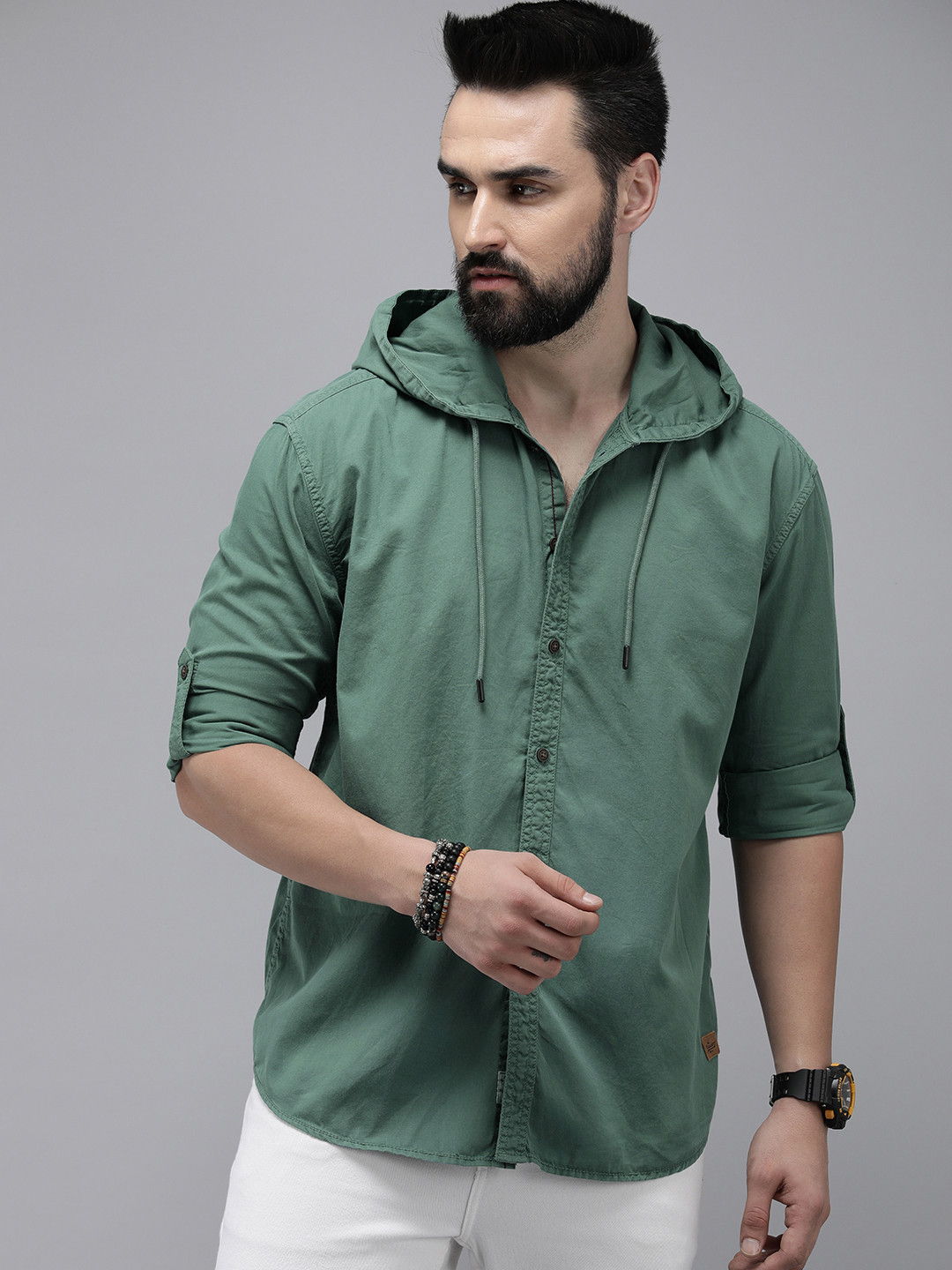 The Roadster Life Co. Solid Relaxed Fit Pure Cotton Hooded Casual Shirt