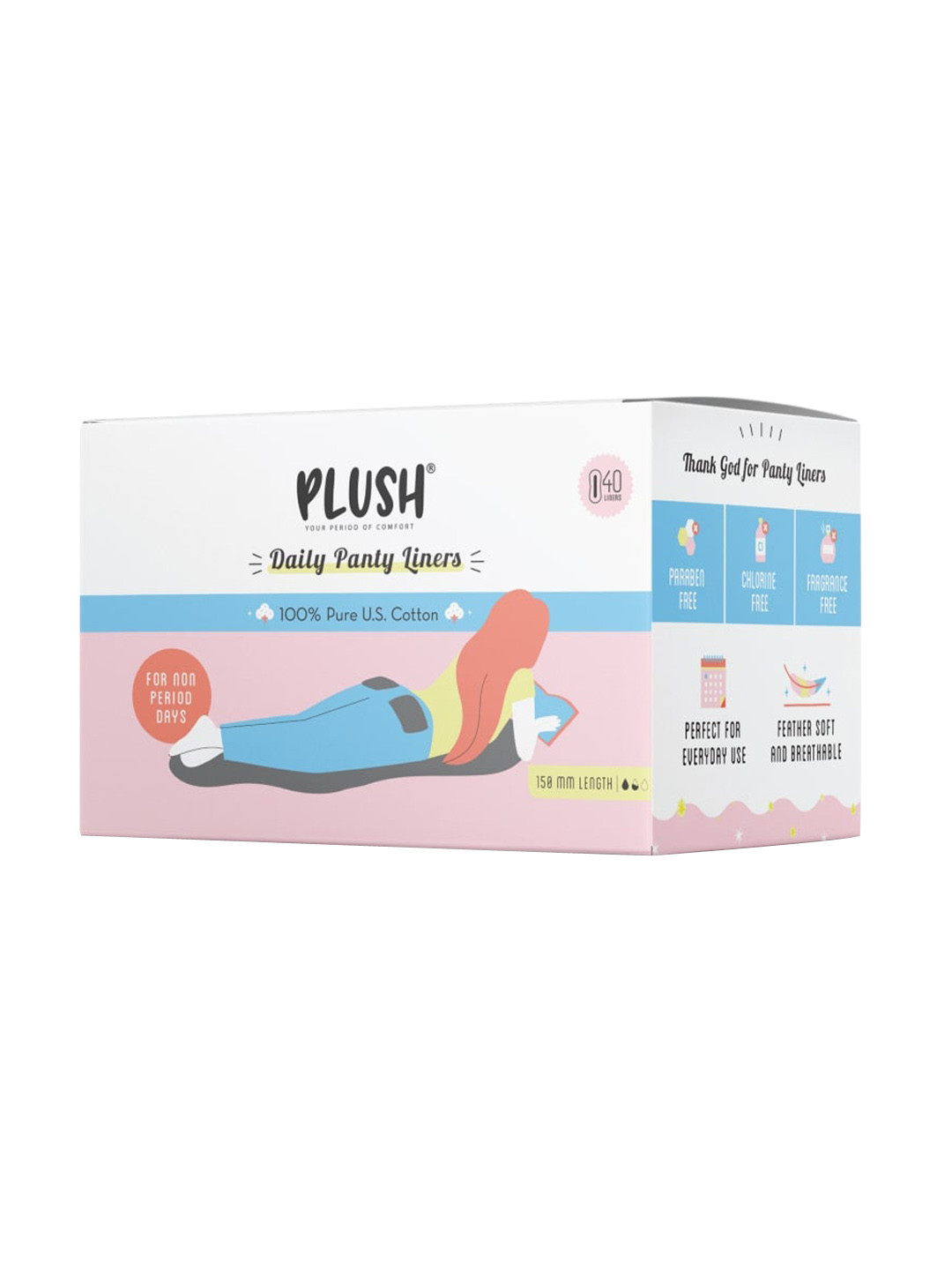 Plush 40Pcs Rash Free Pure Cotton Panty Liners 150mm