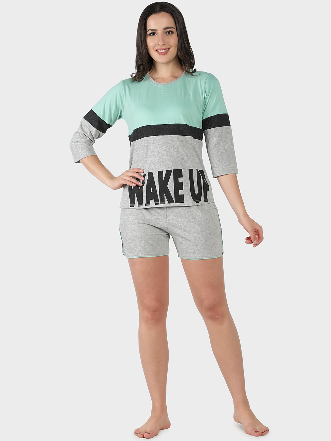 SEPHANI Green Colourblocked Pure Cotton Night Suit