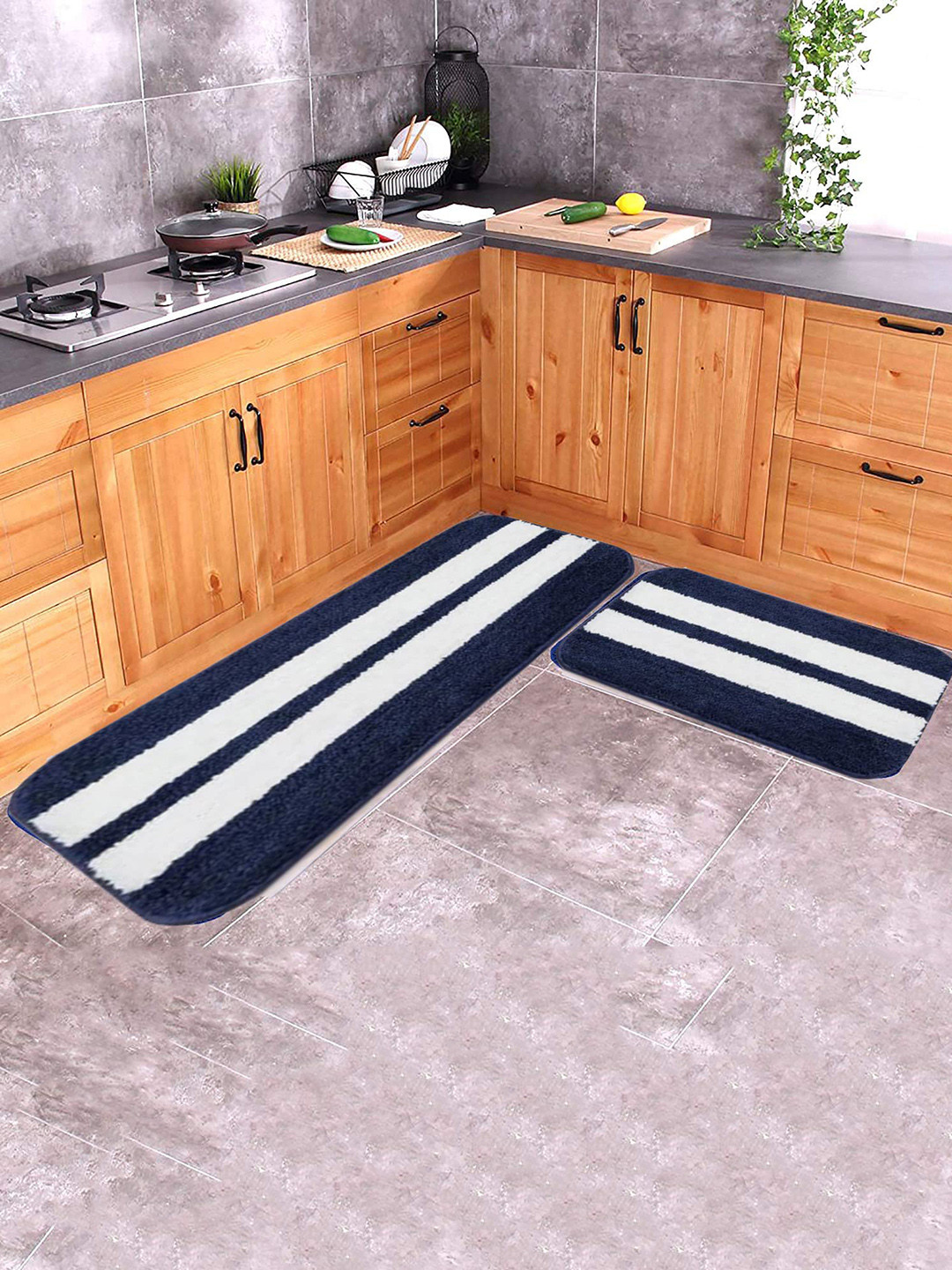 Bajo's 2-Pcs Navy Blue & White Striped Anti Skid Mat & Runner