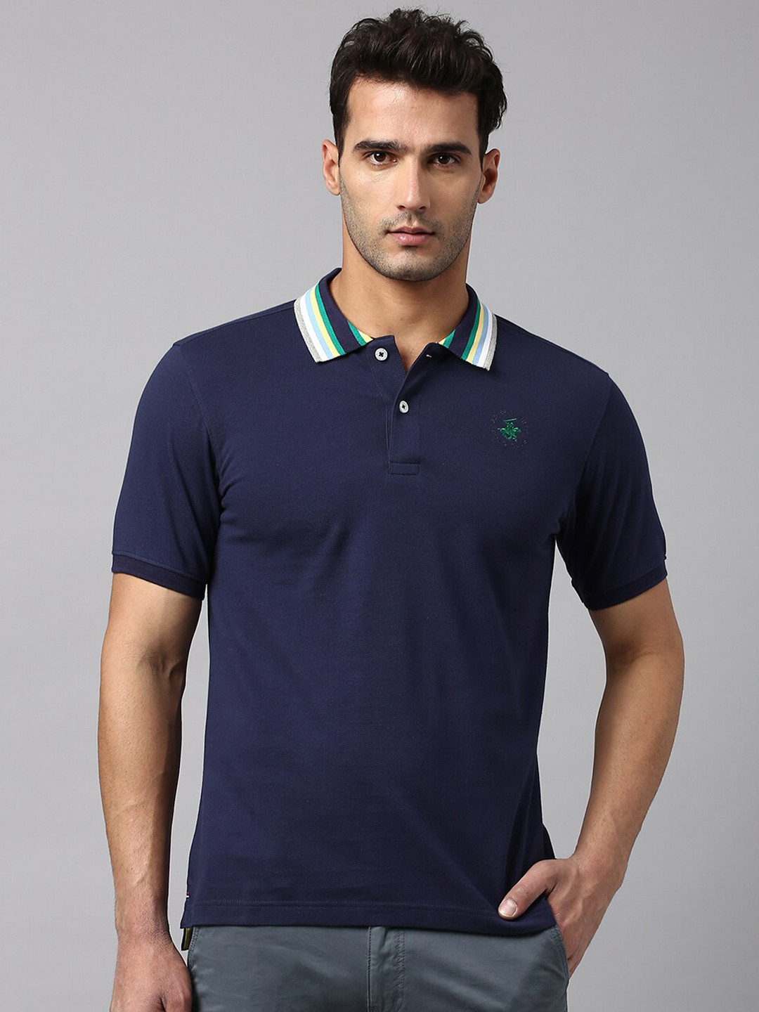 Beverly Hills Polo Club Accentuated Striped Polo Collar Cotton T-shirt