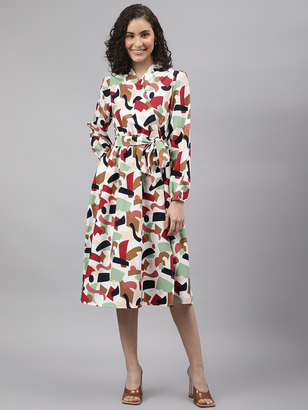 Beverly Hills Polo Club Puff Sleeves Printed Wrap Midi Dress