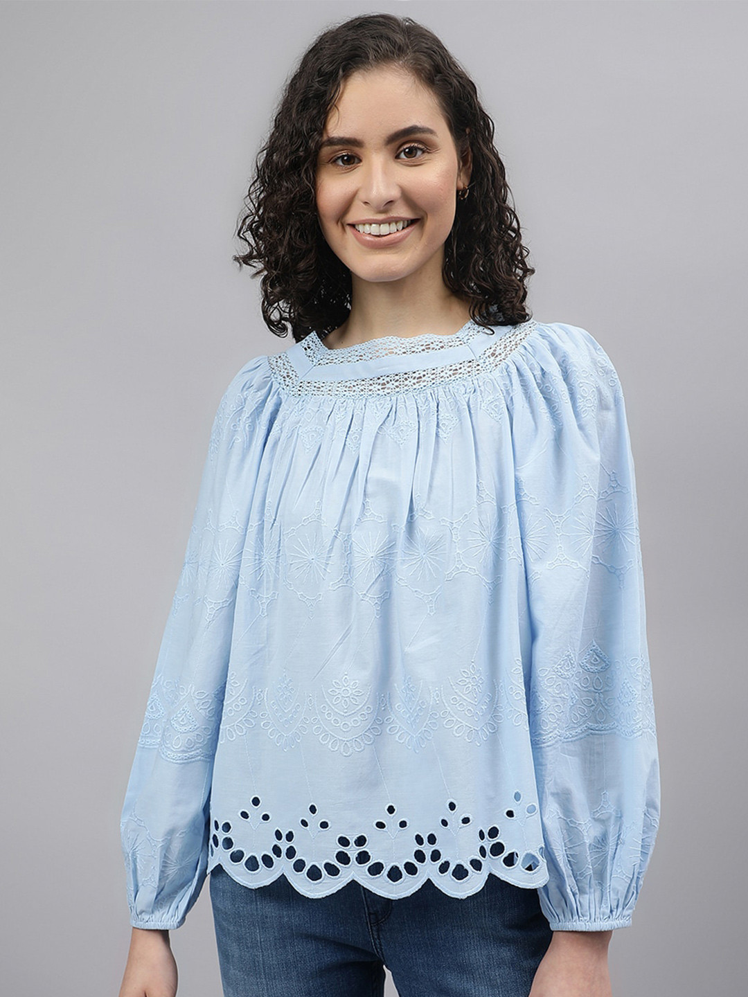 Beverly Hills Polo Club Square Neck Puff Sleeves Cotton A-Line Top