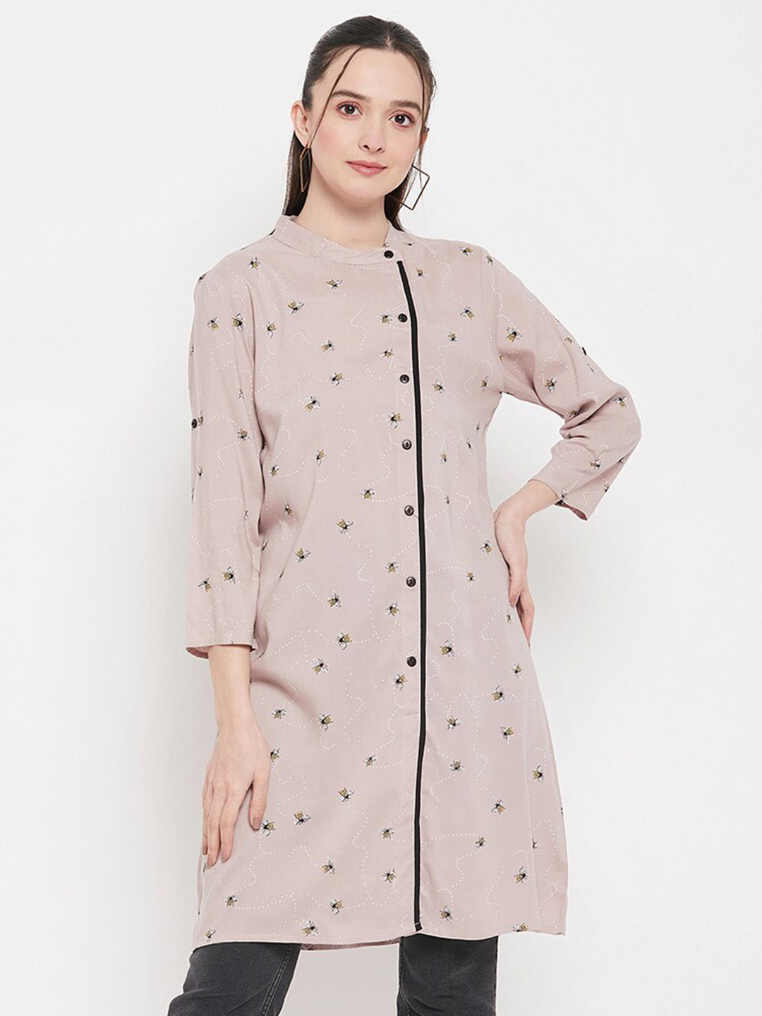 Ruhaans Printed Mandarin Collar Roll-Up Sleeves A-Line Kurta