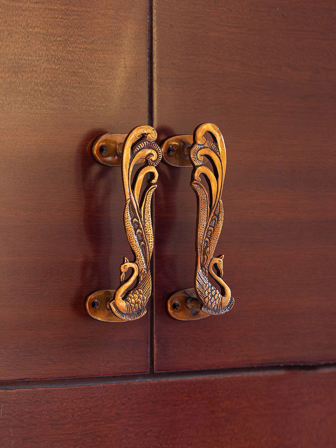 ExclusiveLane Gold-Toned Beautiful Peacock Pair Carved Door Handle