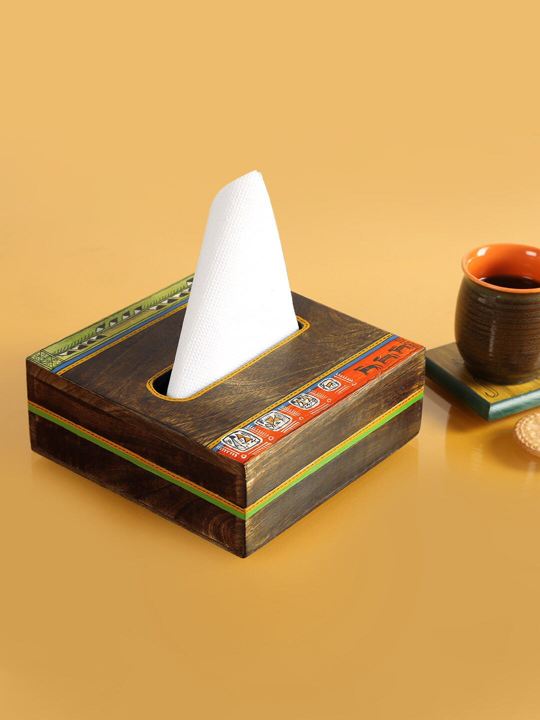 ExclusiveLane Brown Woody Hues Warli Hand-Painted Napkin Holder