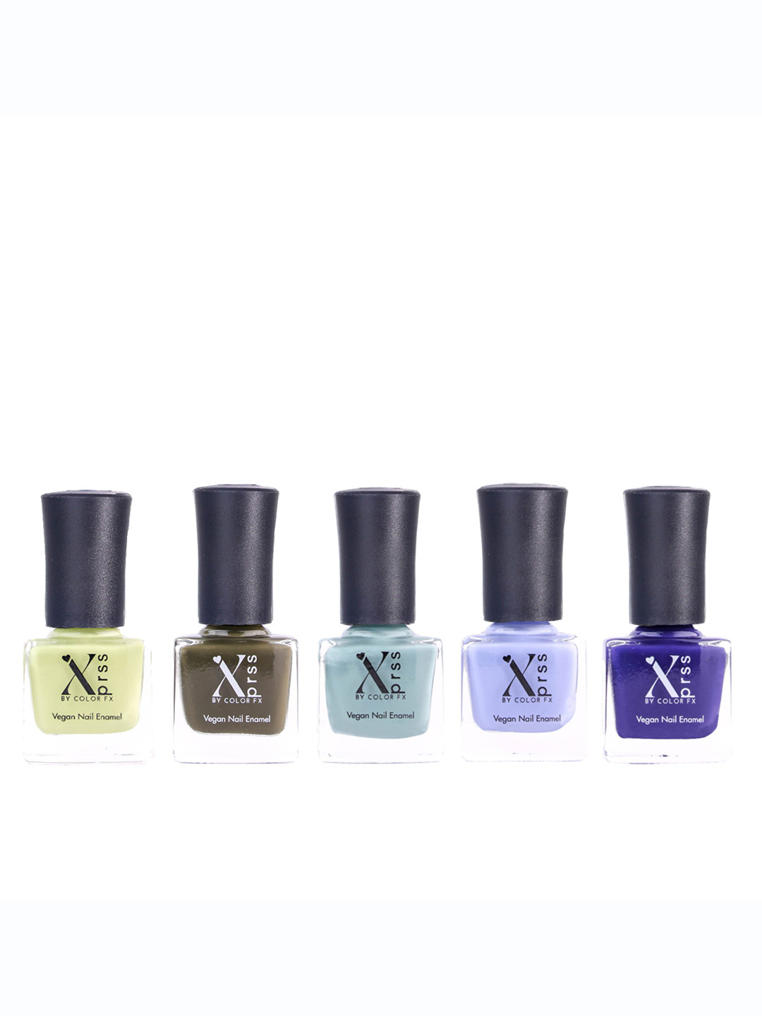 Color Fx Set of 5 Xprss Vegan Long-Lasting Nail Enamels 5 ml Each-Matcha Green 308 - Olive Green 309 - Topaz Green 310 - Periwinkle Blue 311 - Eggplant Purple 312