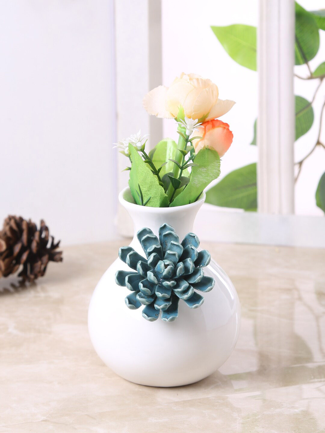 TAYHAA White & Blue Textured Ceramic Flower Vase
