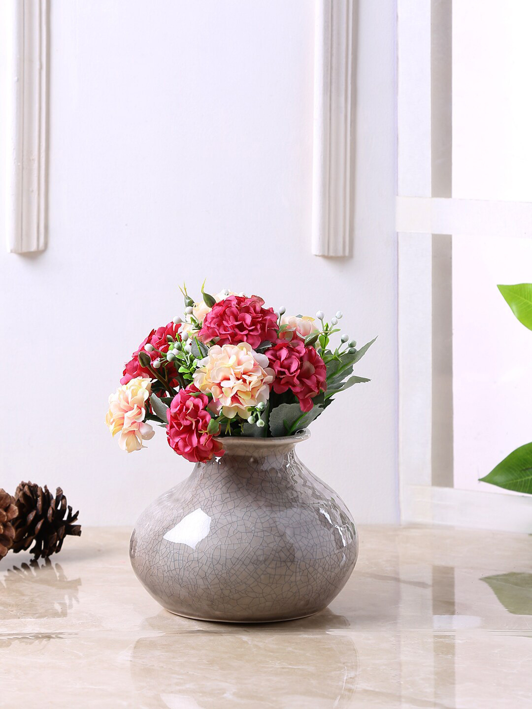 TAYHAA Brown Textured Ceramic  Flower Vase With Crackling Metallic Look