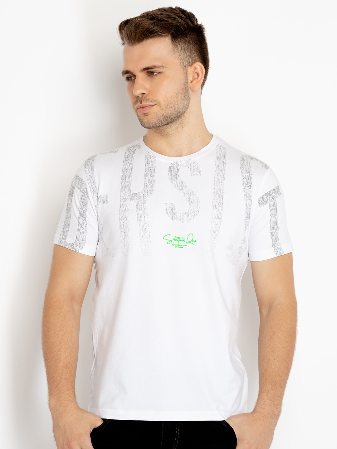 Status Quo Short Sleeves Typography Printed Cotton T-shirt