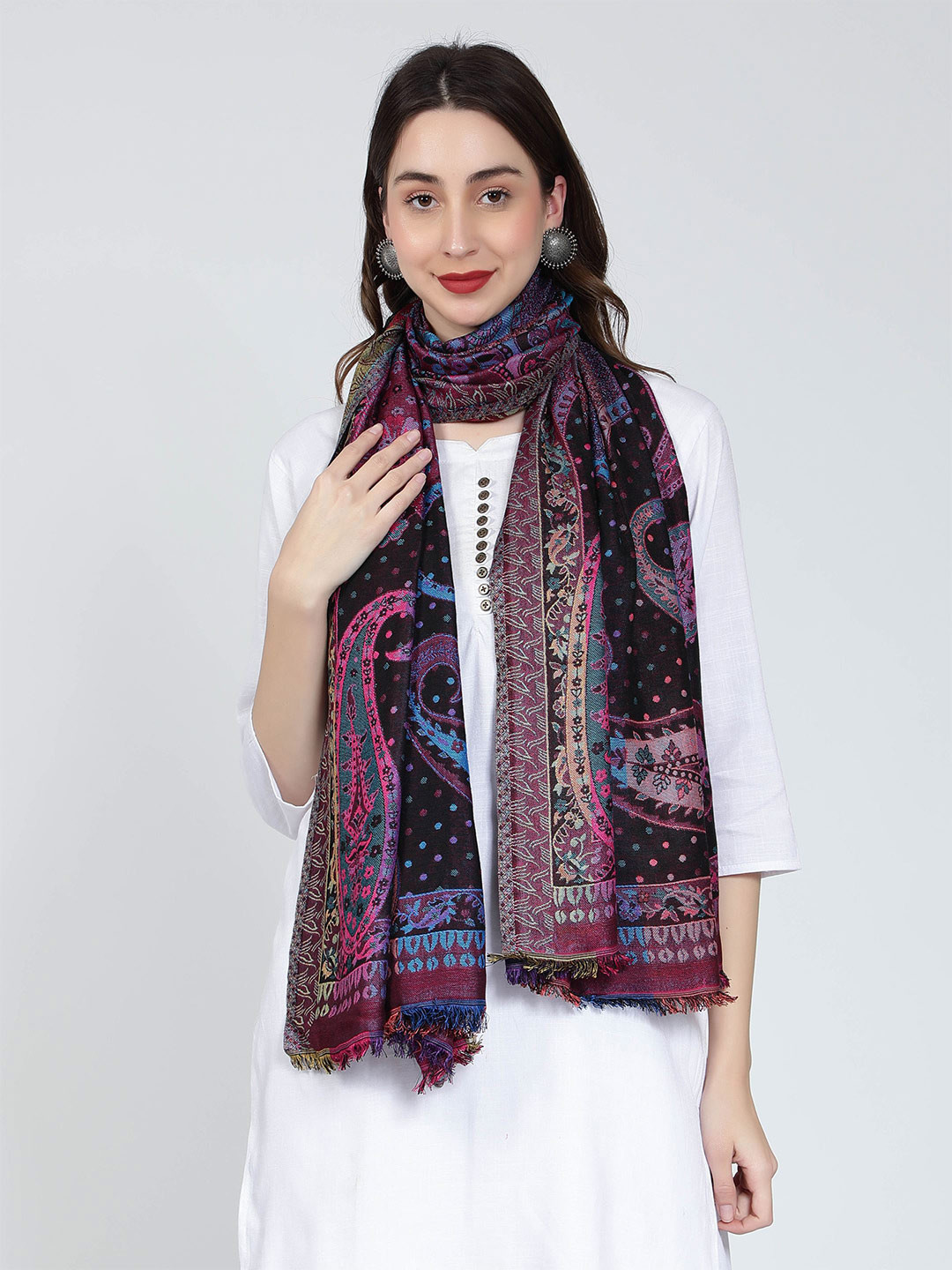 Moda Chales Women Woven Design With Fringed Border Stole