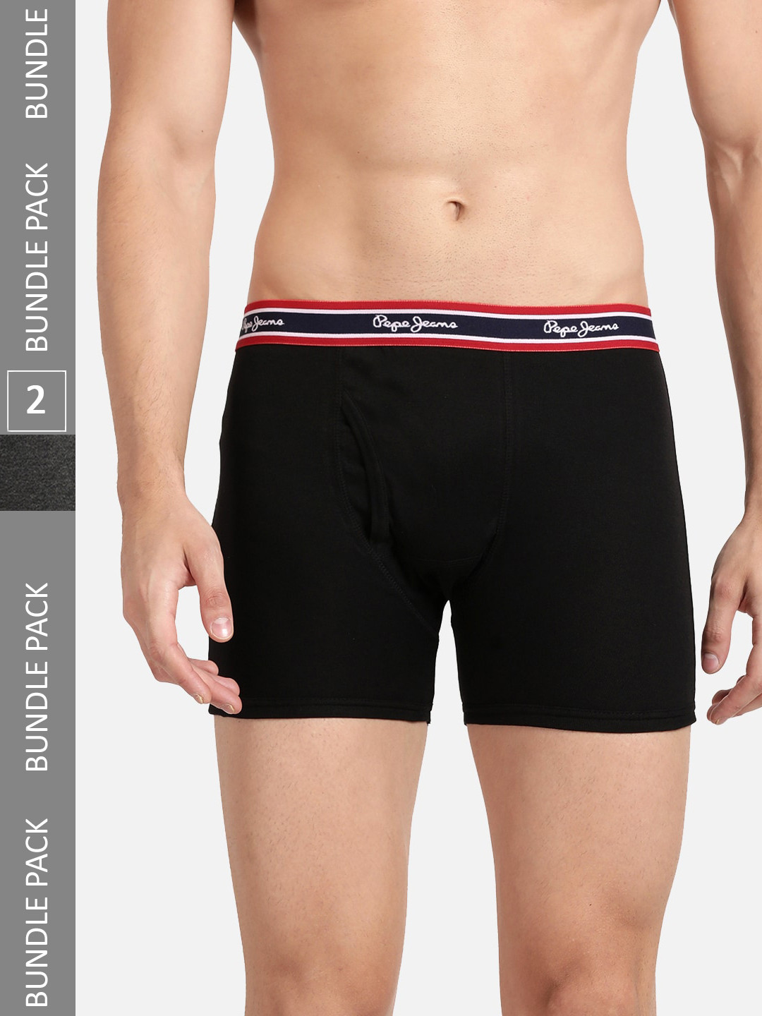 Pepe Jeans Men Pack Of 2 Mid-Rise Cotton Trunks CLT02-BLACK |CHARCOAL MELANGE-S-BLACK