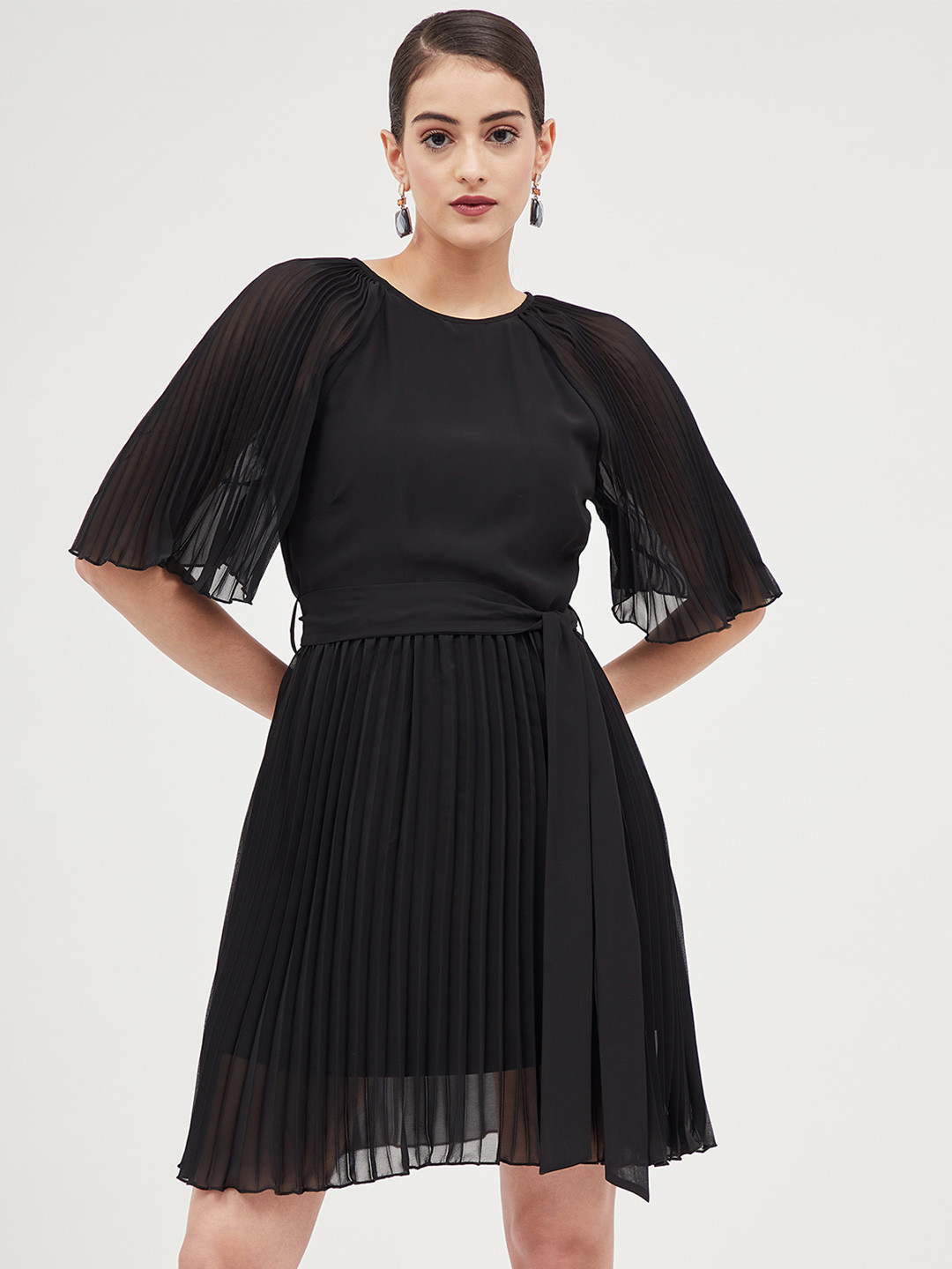 Harpa Accordion Pleated Flared Sleeves Round Neck Georgette A-Line Dress