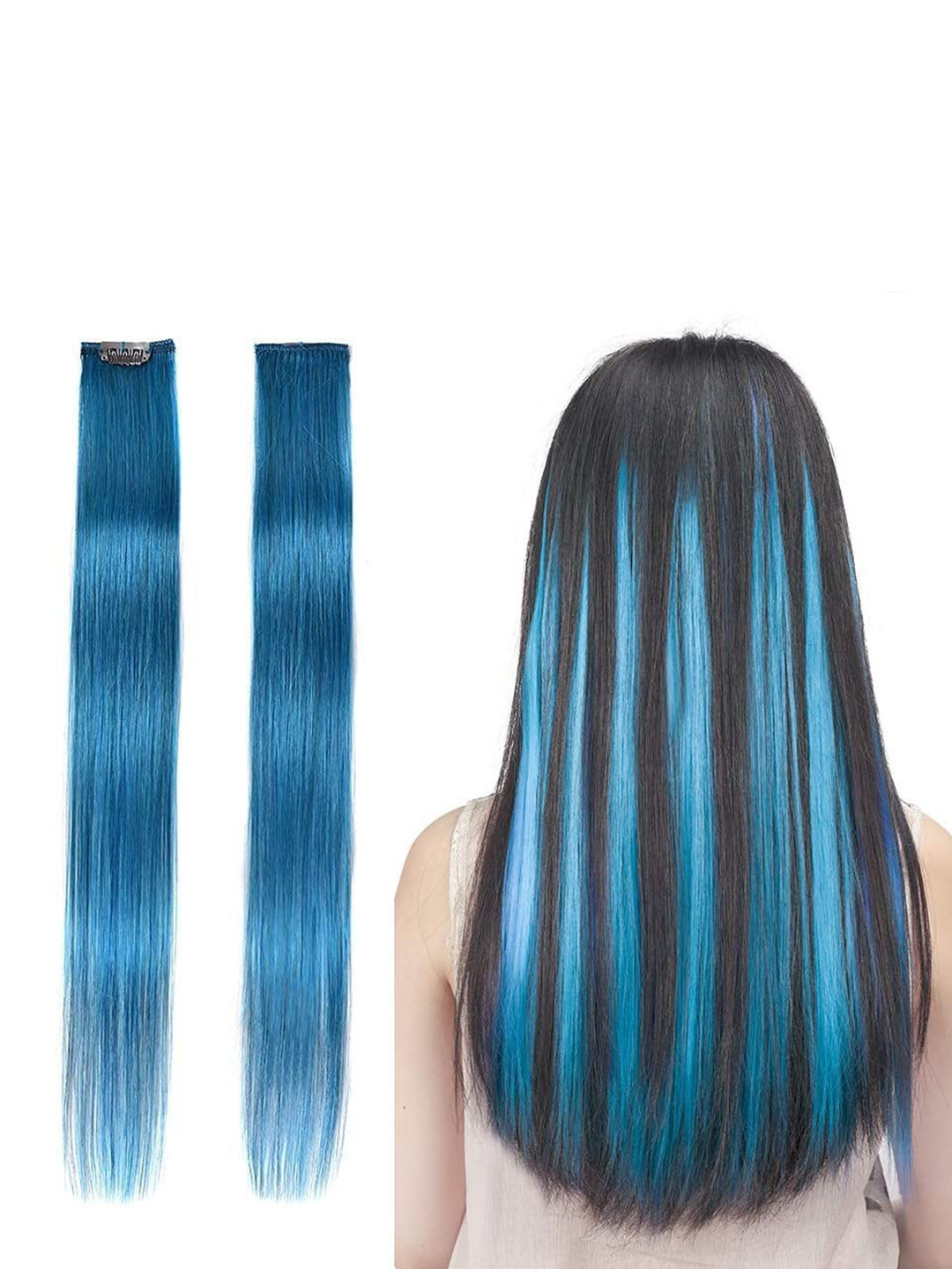 CHANDERKASH Set Of 2 Straight Single Clip Streak Hair Extension Highlights - Neon Blue