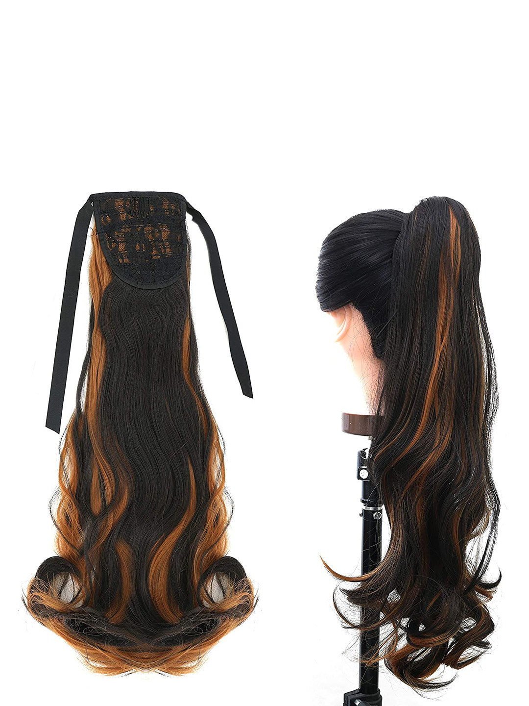 CHANDERKASH Long Curly Ribbon Tie Up Ponytail Hair Extension - Golden Highlight