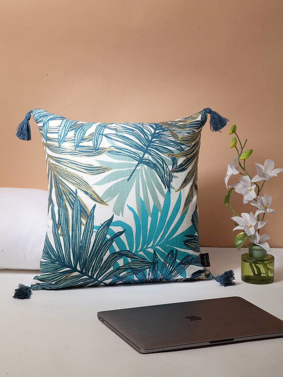 BLANC9 Light-Weight Blue Abstract Cotton Breathable Square Cushion Cover -16x16In
