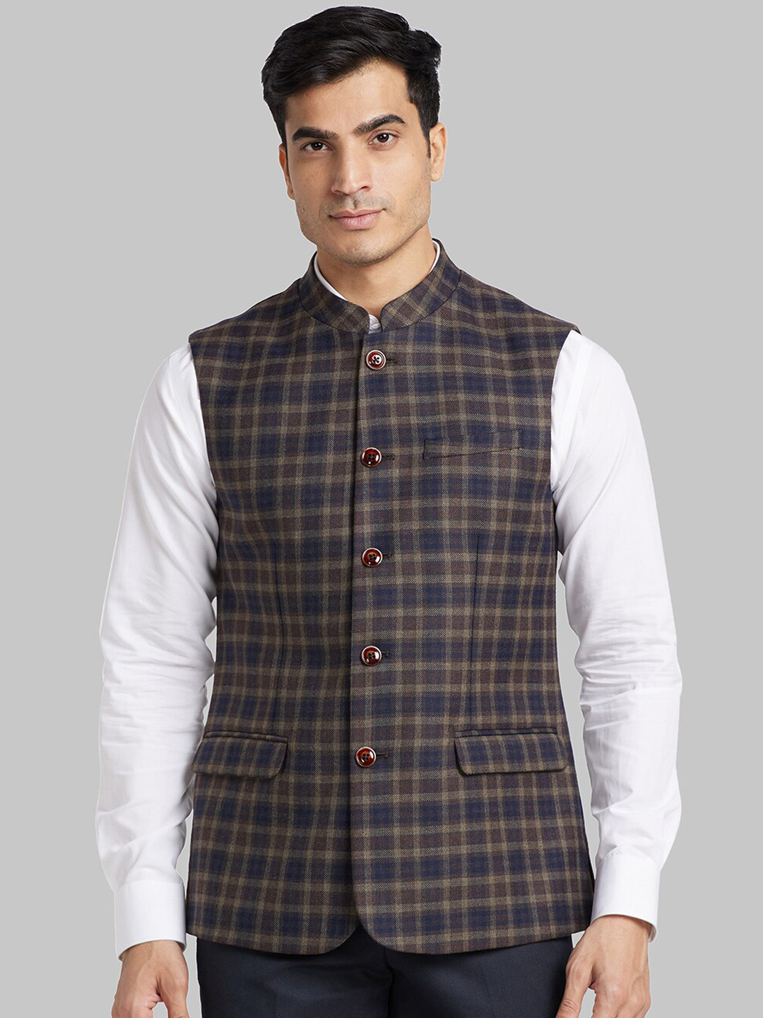 Park Avenue Checked Mandarin Collar Nehru Jackets