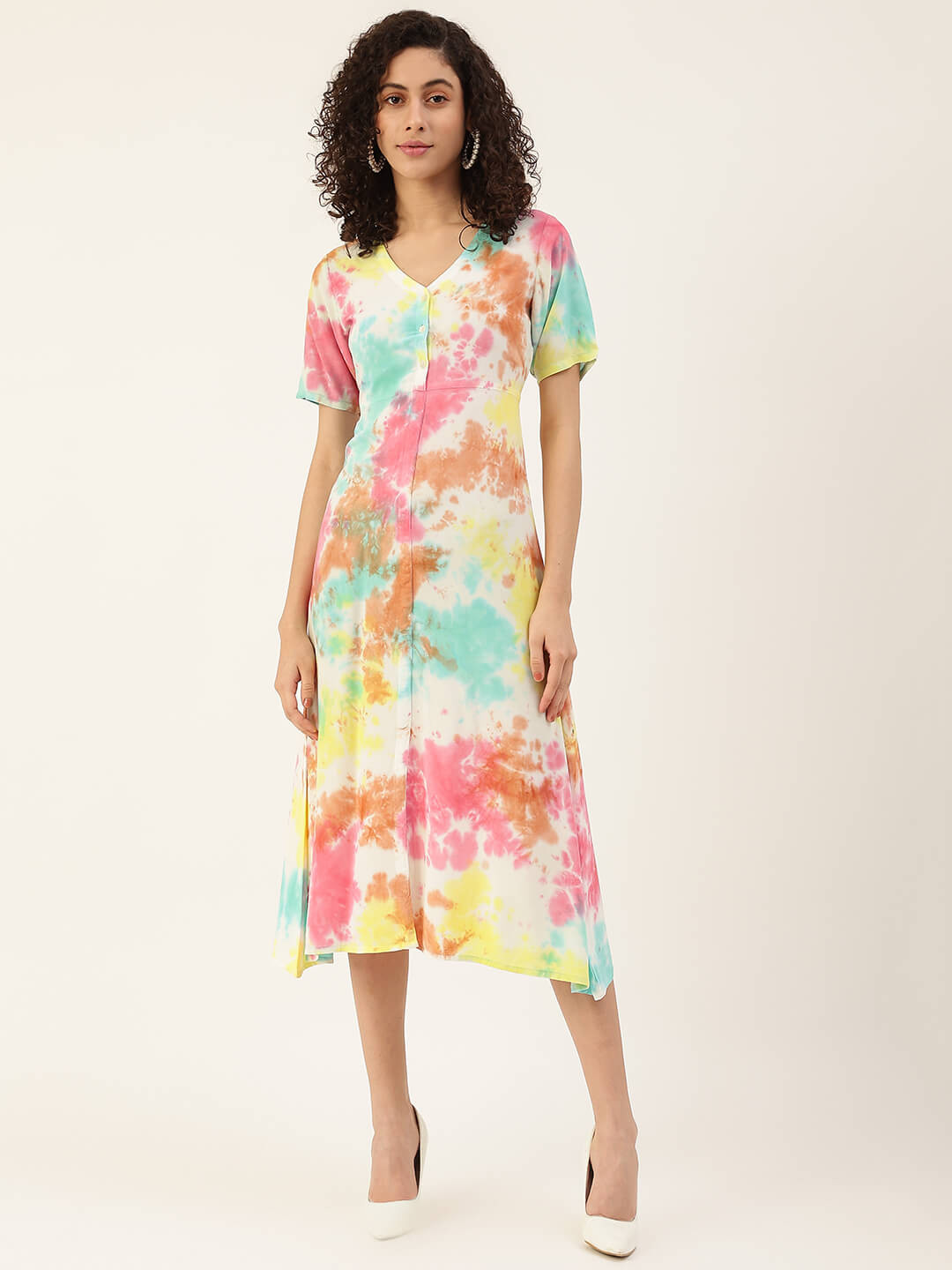 Maaesa Printed Tie and Dye Dyed V-Neck A-Line Midi Dress
