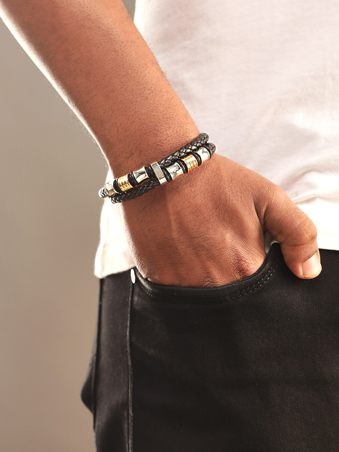 Roadster Men Silver-Plated Texture Leather Band Bracelet