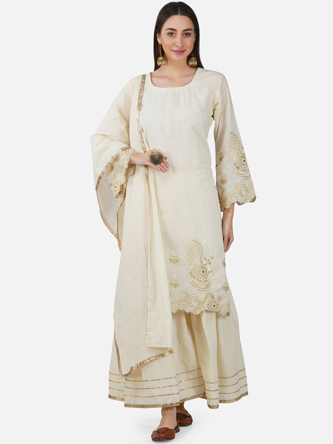 BCZ Style Ethnic Motifs Gotta Patti Pure Cotton White Romance Kurta with Sharara & Dupatta