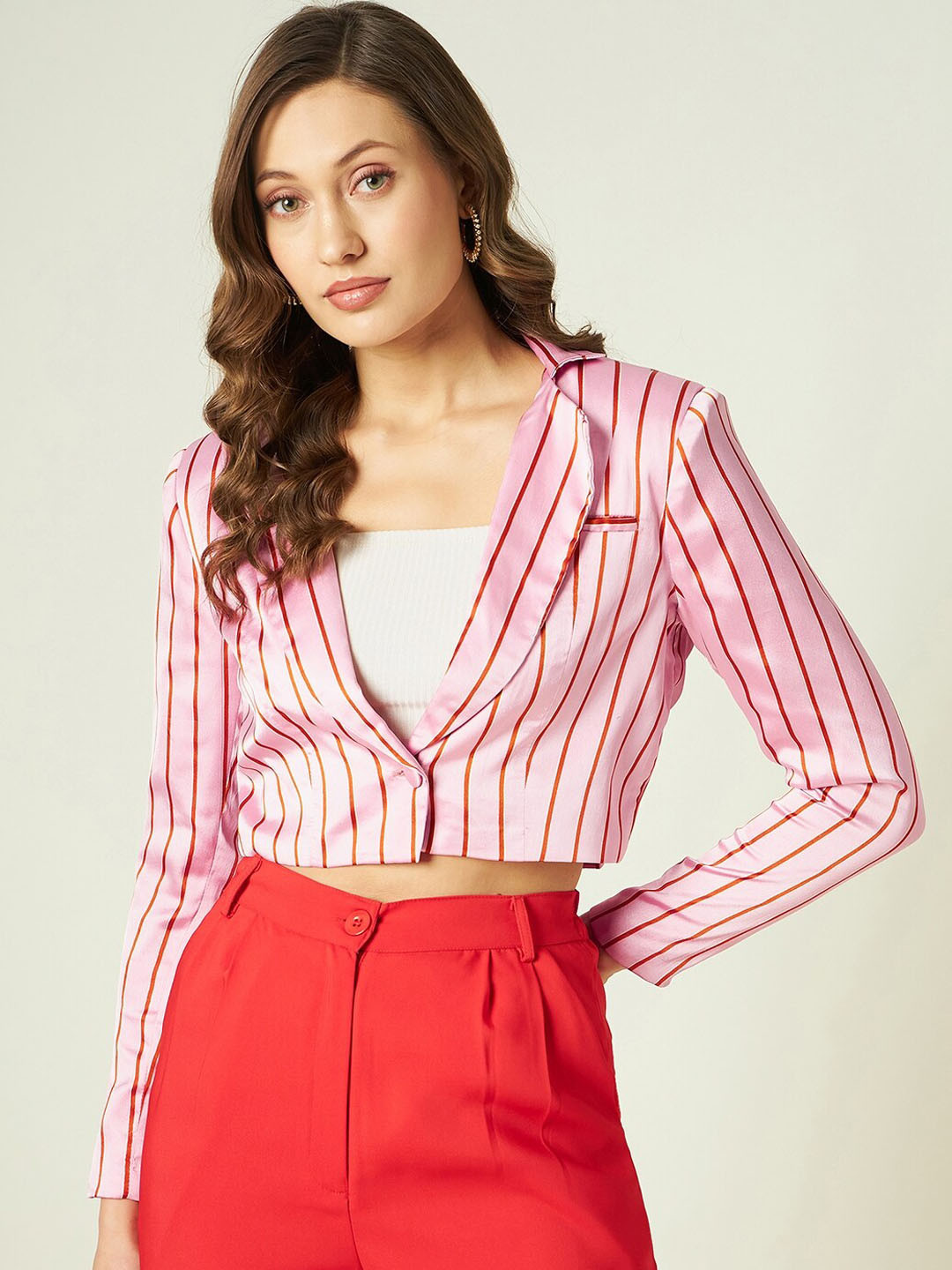 JUNE & HARRY Striped Satin Single-Breasted Crop Blazer