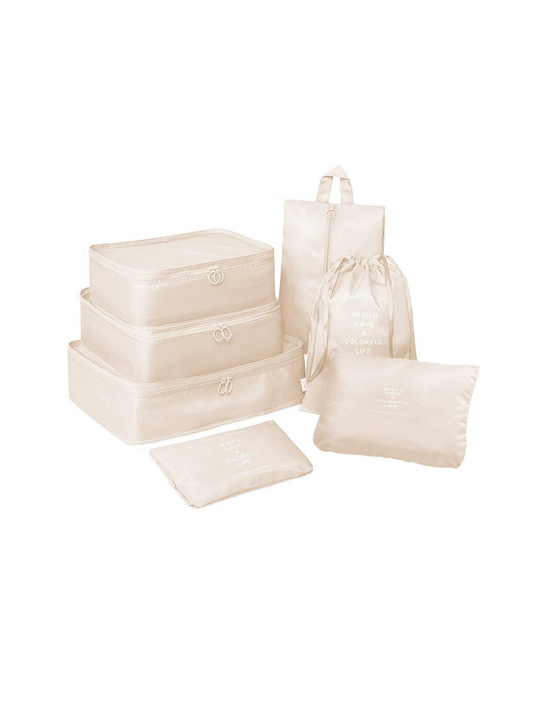 HOUSE OF QUIRK Beige 7 Pieces Waterproof Packing Cubes With Pouch & Toiletry Bag