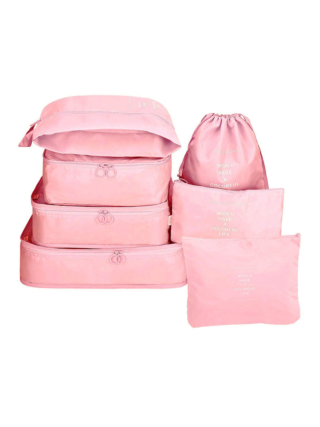 HOUSE OF QUIRK Pink 7 Pcs Packing Cubes With Pouch & Toiletry Bag Organisers