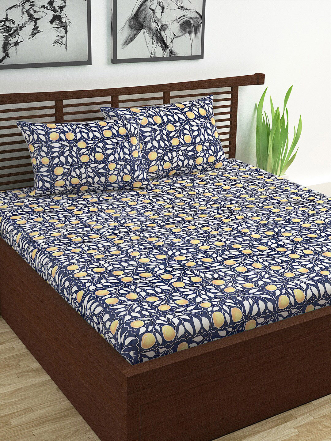 Divine Casa Navy Blue Leaf Cotton 120 TC Queen Bedsheet with 2 Pillow Covers-222 x 264 cm