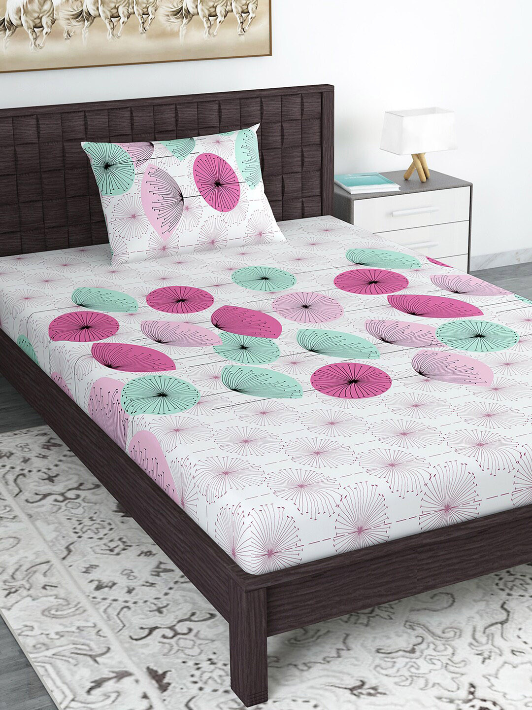Divine Casa Sense Off White Abstract Cotton 120 TC Single Bedsheet with a Pillow Cover-57 x 88 inches