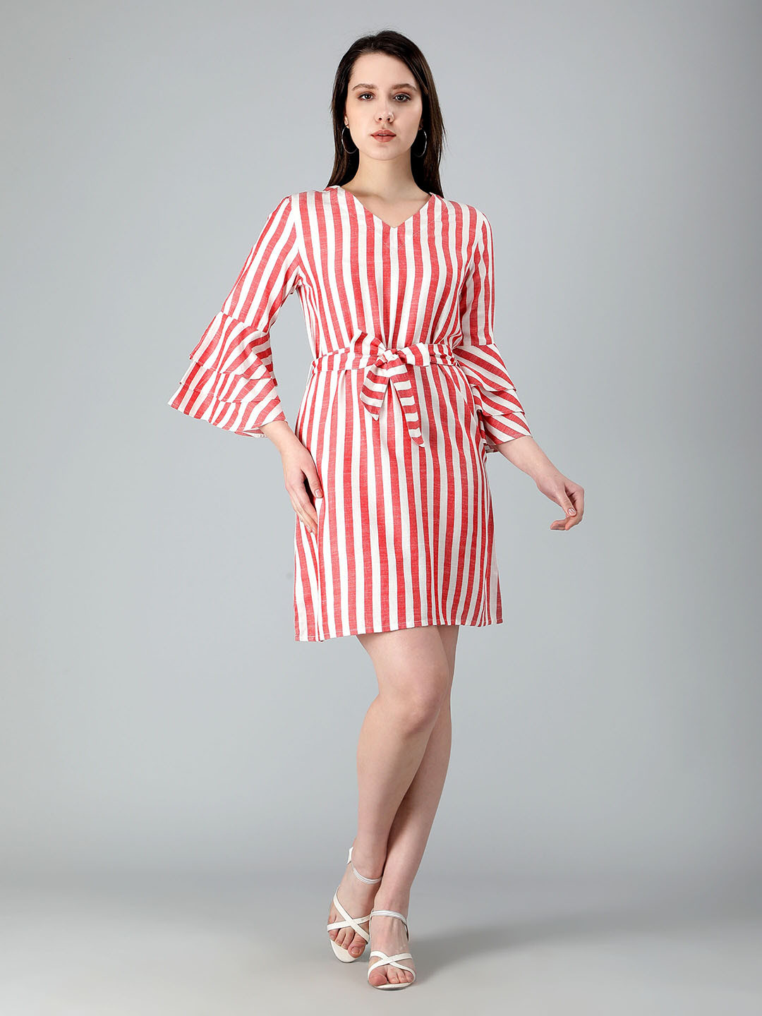misbis Striped Bell Sleeves Waist Tie-Up Pure Cotton A-Line Dress