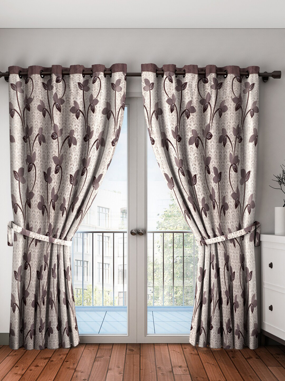 Cortina Brown & White 2 Pcs Floral Long Door Curtain