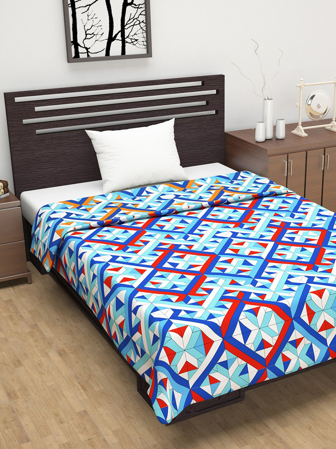 Divine Casa Blue & Orange Geometric Microfiber AC Room 110 GSM Reversible Single Bed Dohar