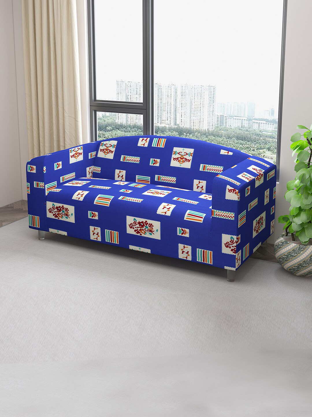 DREAM CARE Navy Blue & Beige Printed Stretchable 3-Seater Sofa Covers