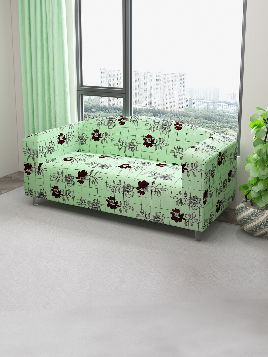 DREAM CARE Green & Brown Floral Printed Stretchable 3-Seater Sofa Cover With Anti Slip Foam Sticks