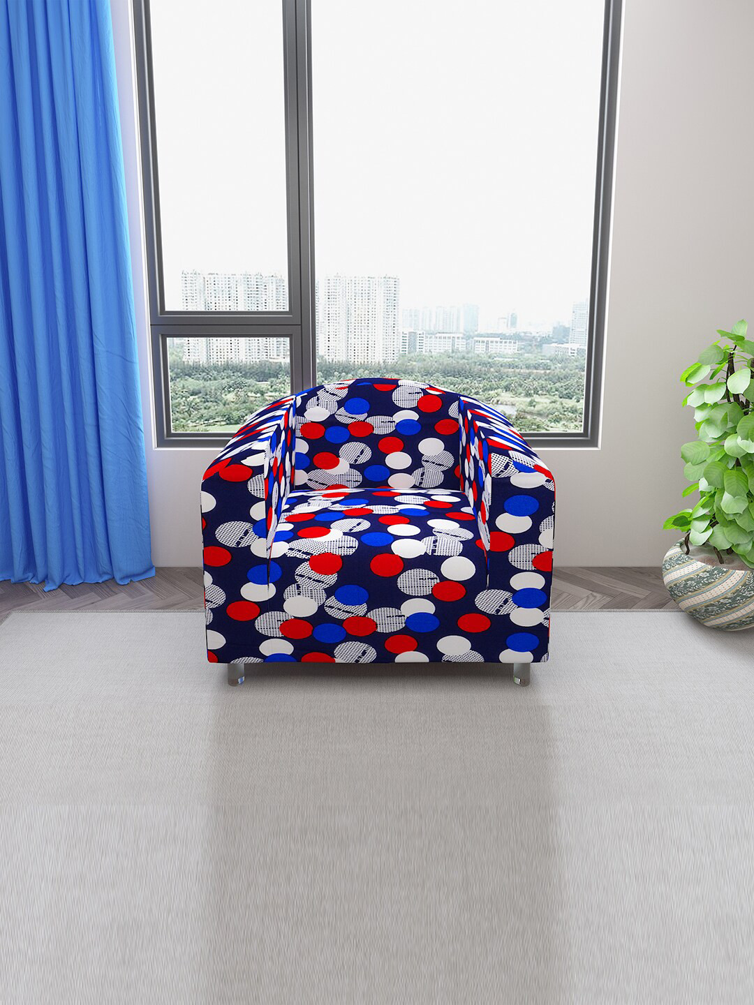DREAM CARE Navy Blue & Red Printed One-Seater Stretchable Sofa Slipcover With Foam Sticks