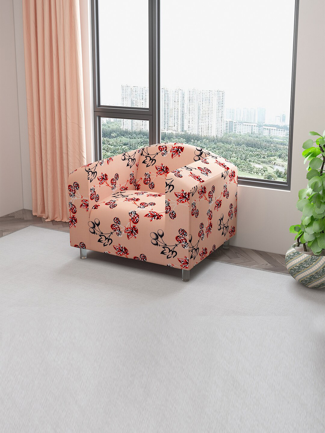 DREAM CARE Orange-Colored & Red Printed Stretchable 1-Seater Sofa Slipcover