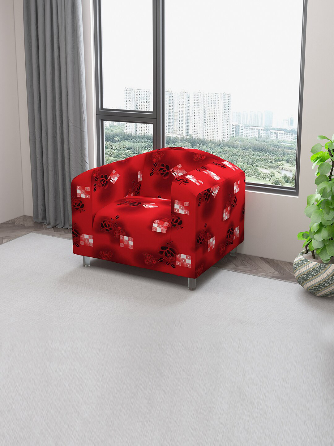 DREAM CARE Maroon & White Printed Stretchable One-Seater Sofa Cover With Foam Stick