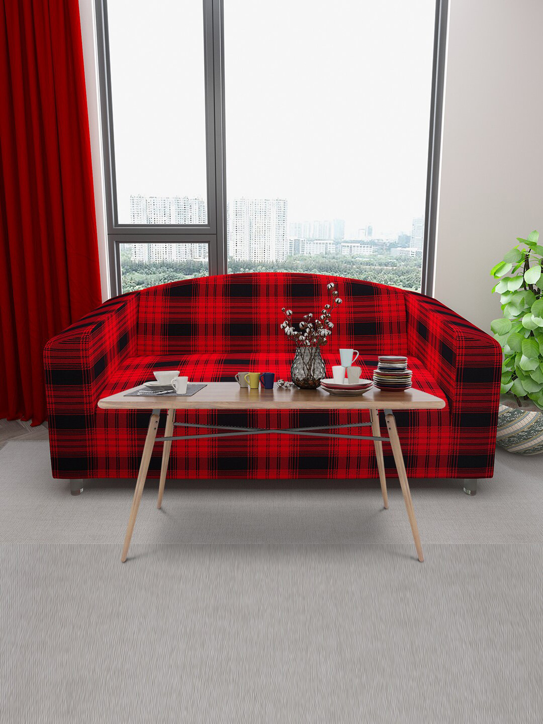 DREAM CARE Red & Black Checked Printed Stretchable 3-Seater Sofa Cover With Anti Slip Foam Sticks