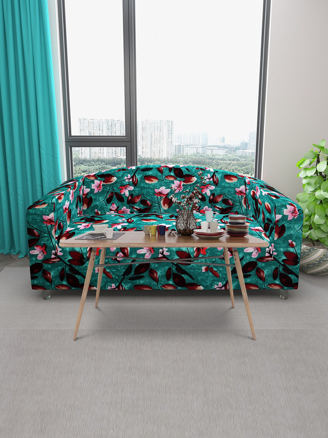 DREAM CARE Green & Pink Floral Printed Three Seater Stretchable Sofa Slipcover With Foam Sticks