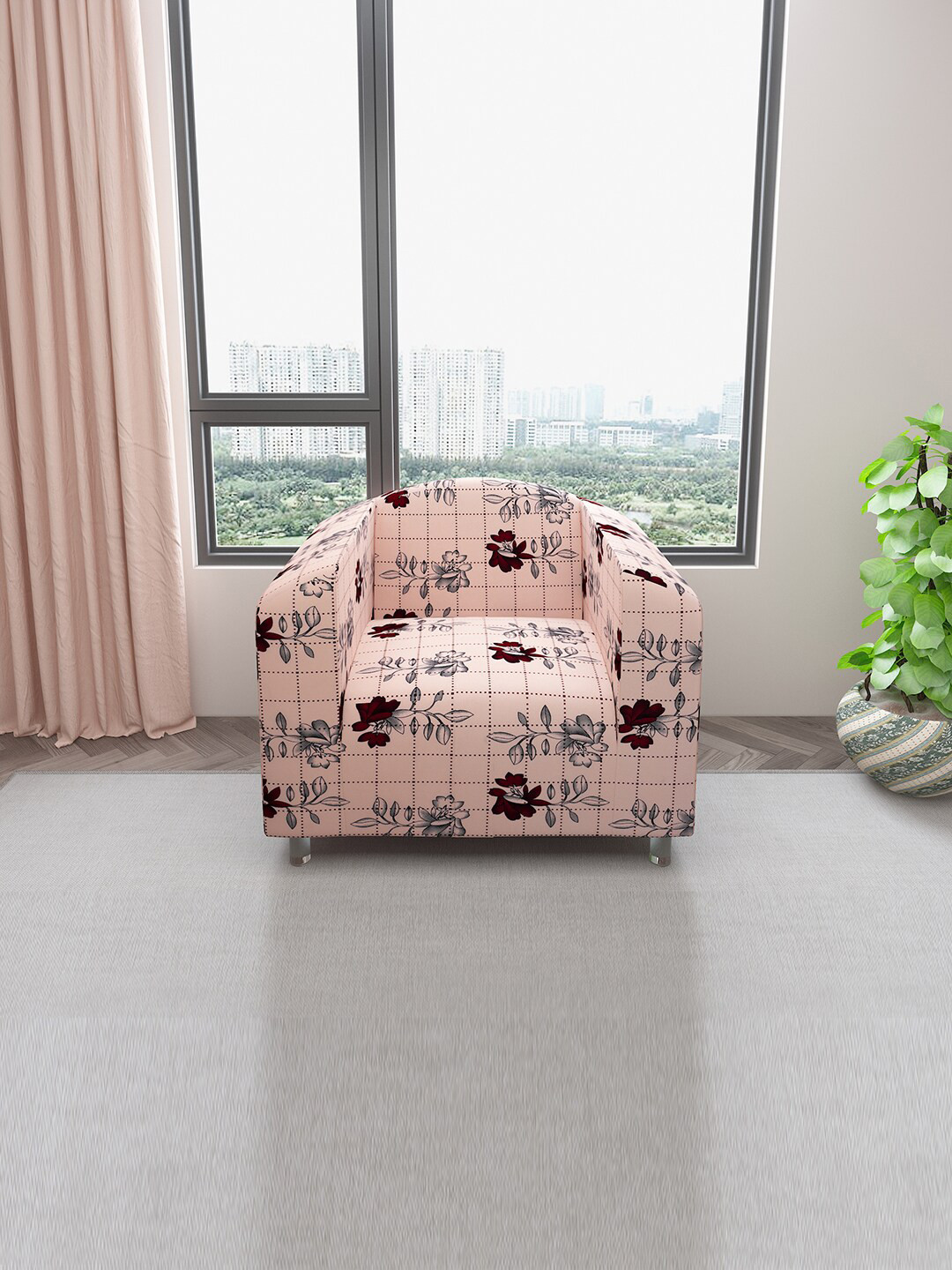 DREAM CARE Pink &Black Printed Stretchable 1-Seater Sofa Cover With Anti Slip Foam Sticks