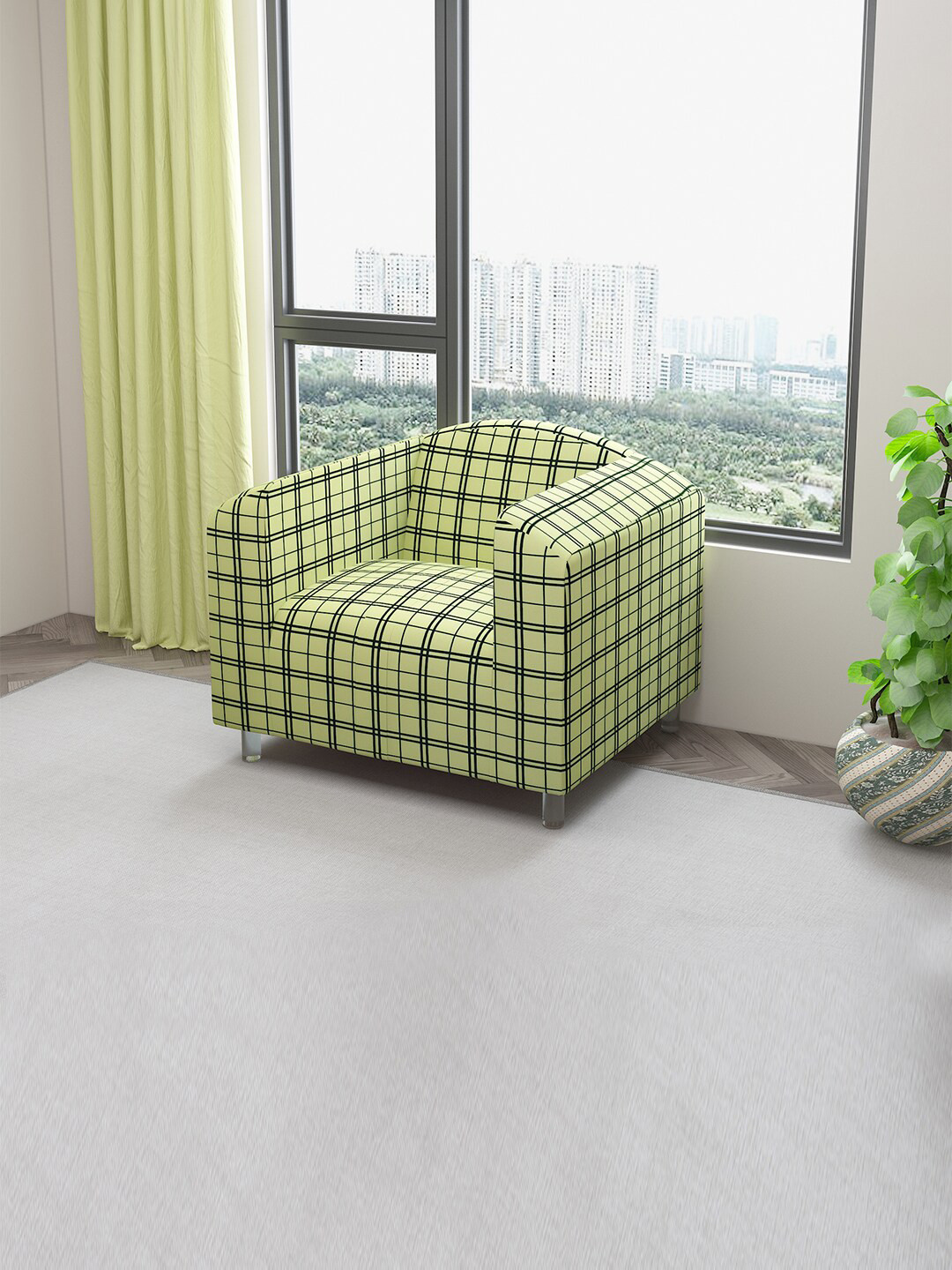 DREAM CARE Green & Black Checked Stretchable 1-Seater Sofa Cover With Anti Slip Foam Sticks
