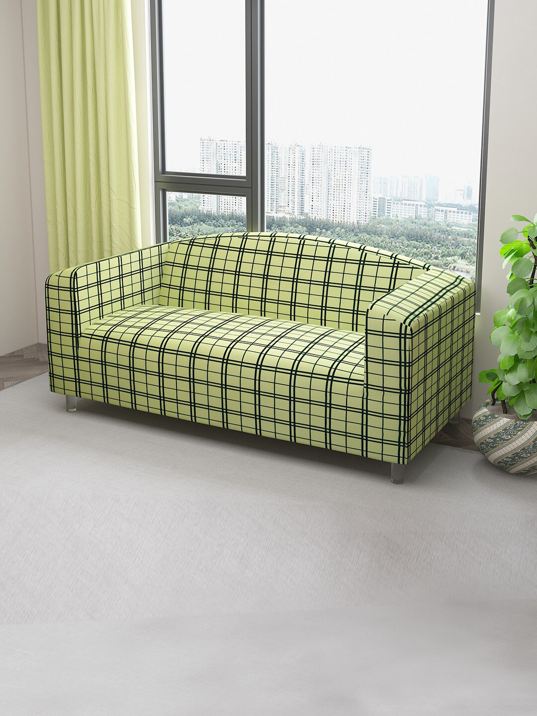 DREAM CARE Green & Black Checked Stretchable 3-Seater Sofa Cover With Anti Slip Foam Sticks