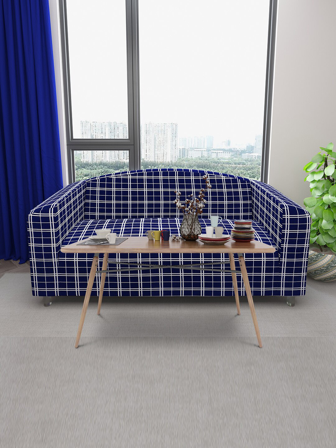 DREAM CARE Navy-Blue & White Checked Stretchable 3-Seater Sofa Cover With Anti Slip Foam Sticks