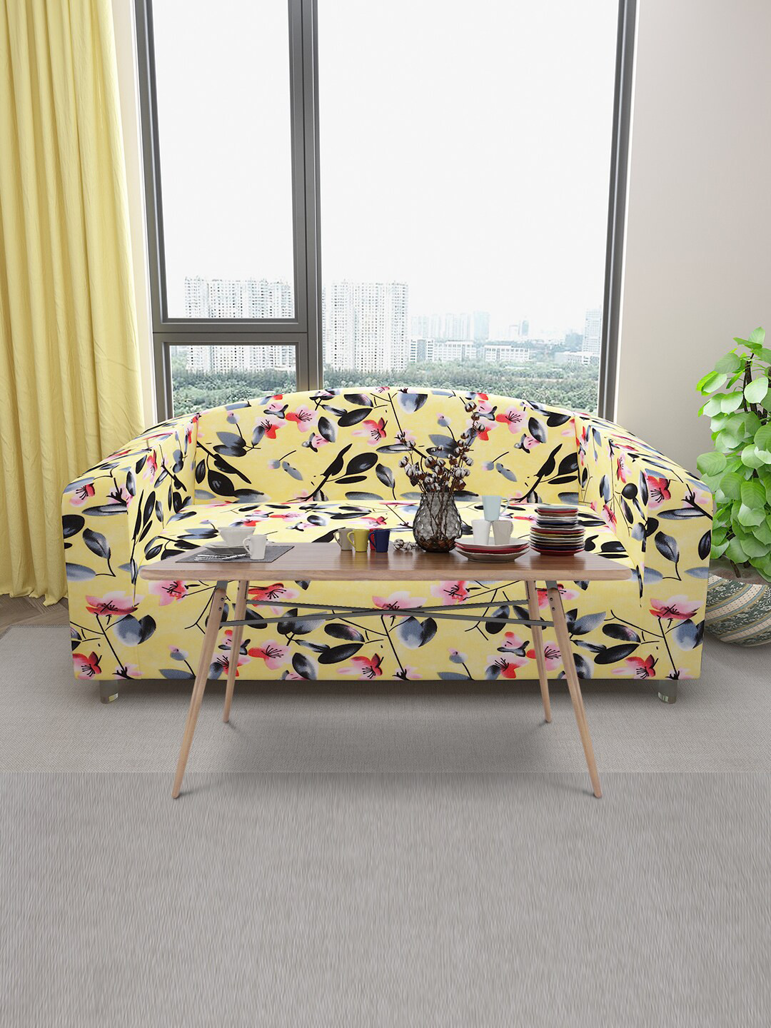 DREAM CARE Yellow & Pink Floral Printed Stretchable 3-Seater Sofa Cover With Anti Slip Foam Sticks