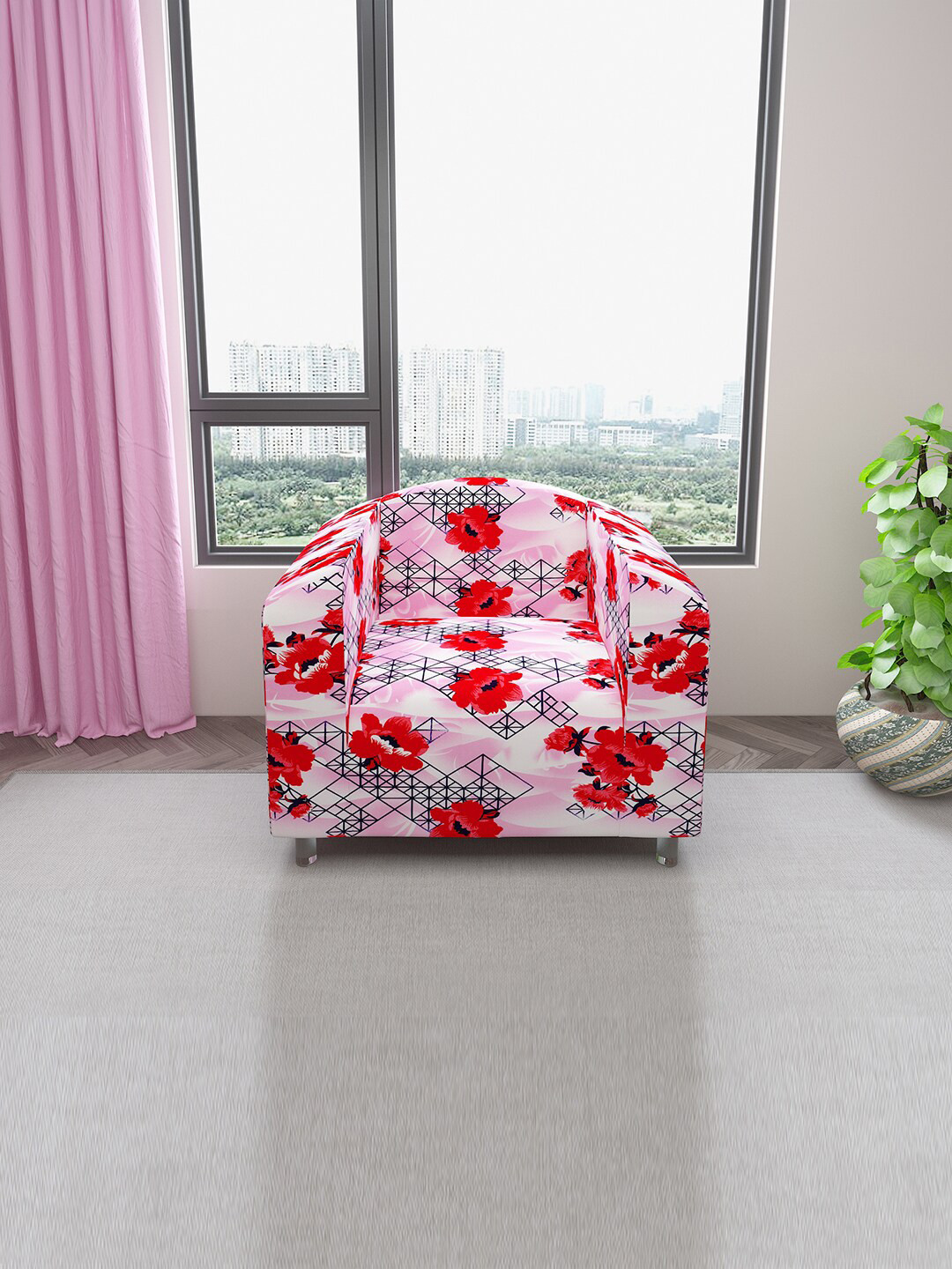 DREAM CARE Pink & Red Floral Printed Stretchable 1-Seater Sofa Cover With Anti Slip Foam Sticks