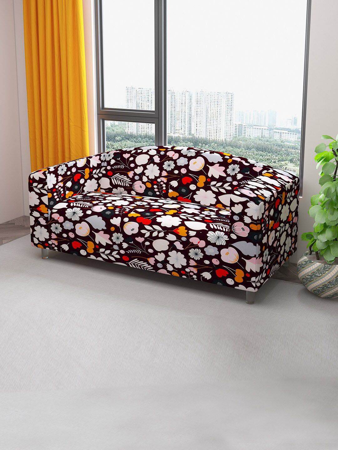 DREAM CARE Brown & Light Pink Floral Printed Stretchable 3-Seater Sofa Cover With Anti Slip Foam Sticks