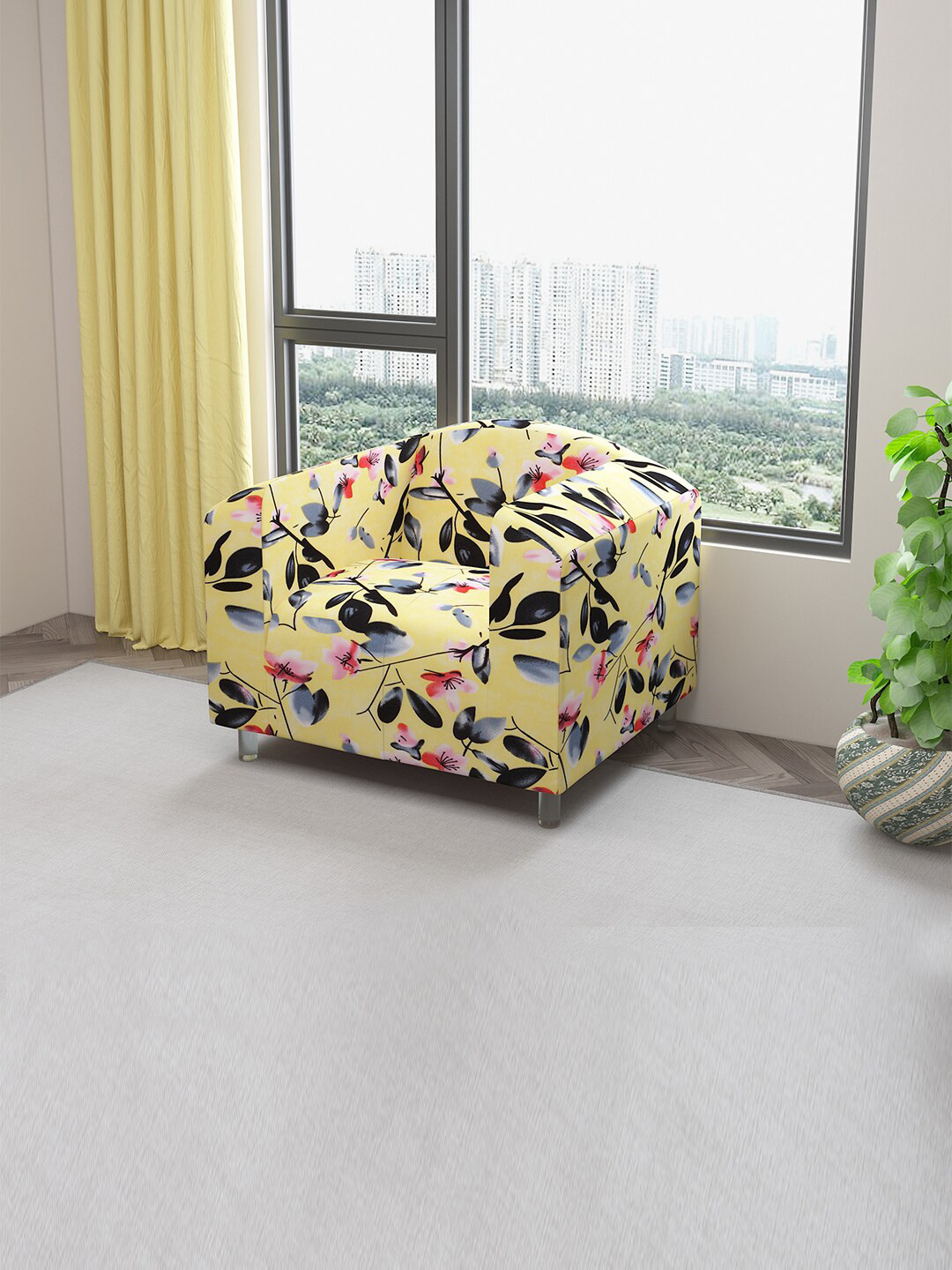 DREAM CARE Yellow & Light Pink Floral Printed Stretchable 1-Seater Sofa Cover With Anti Slip Foam Sticks