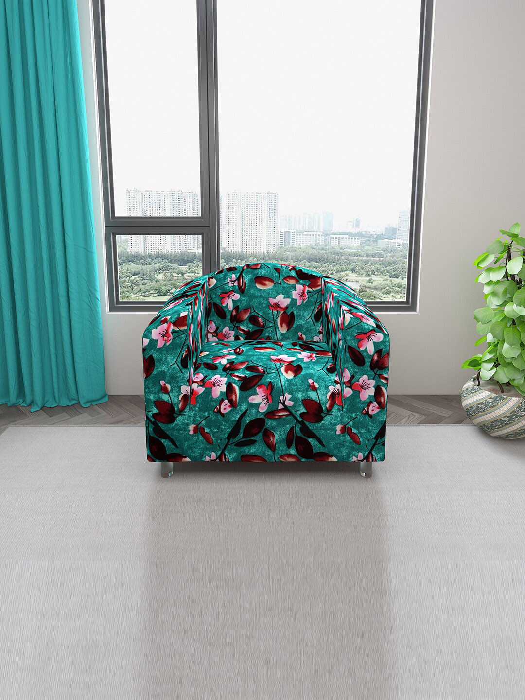 DREAM CARE Green & Brown Floral  Printed Stretchable 1-Seater Sofa Cover With Anti Slip Foam Sticks