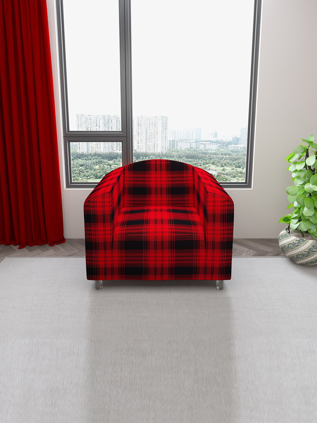 DREAM CARE Red & Black Checked One Seater Stretchable Sofa Slipcover With Foam Sticks