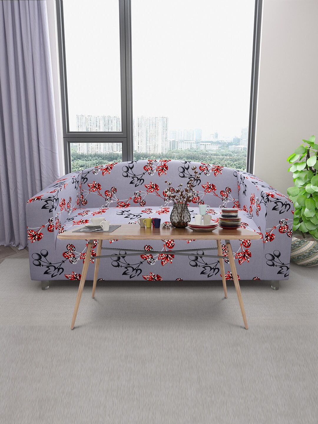 DREAM CARE Lavender Printed Stretchable 3-Seater Sofa Cover With Anti Slip Foam Sticks